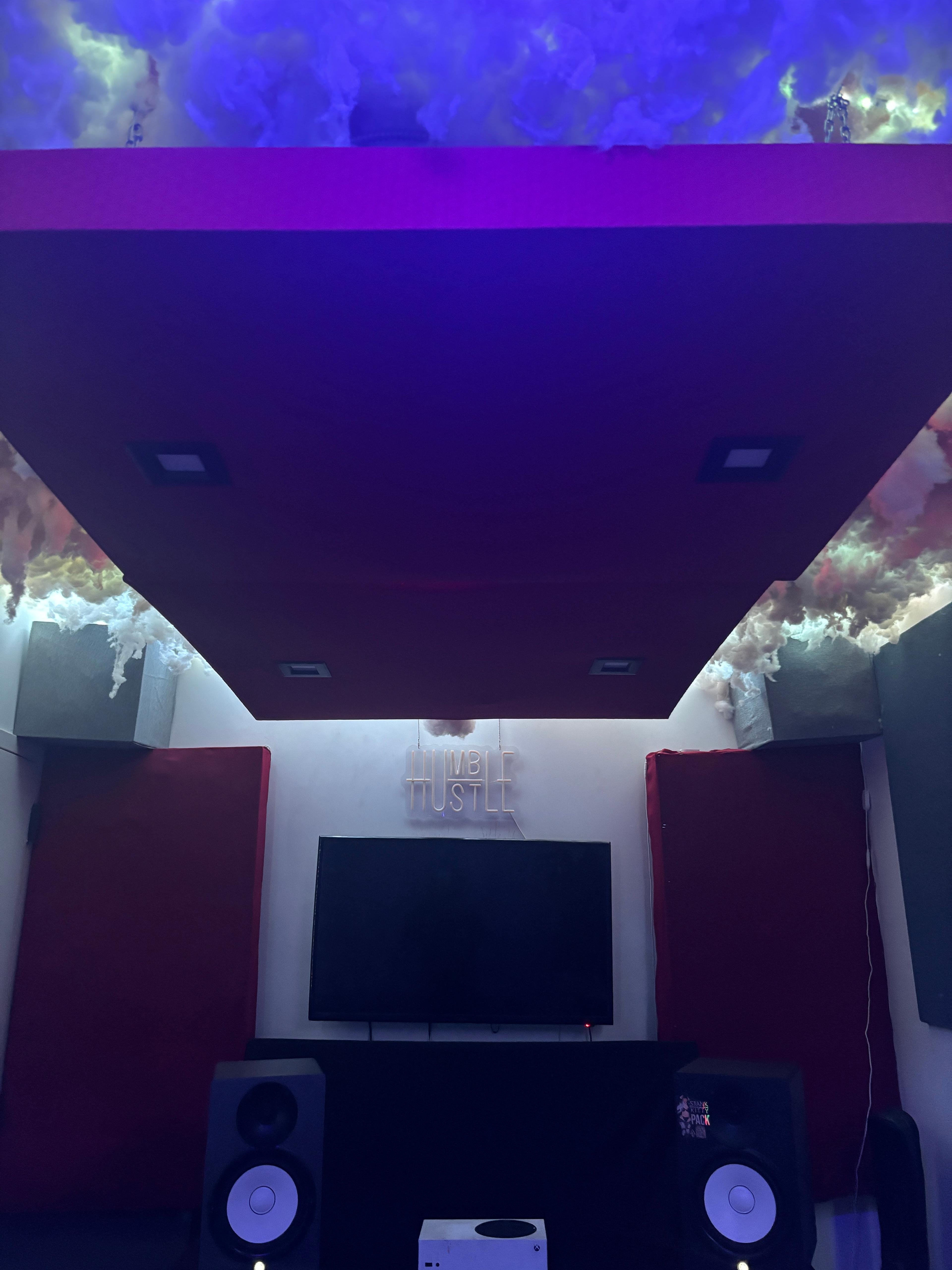 Writers Room 1 detail with the cloud-lit ceiling and monitoring setup.